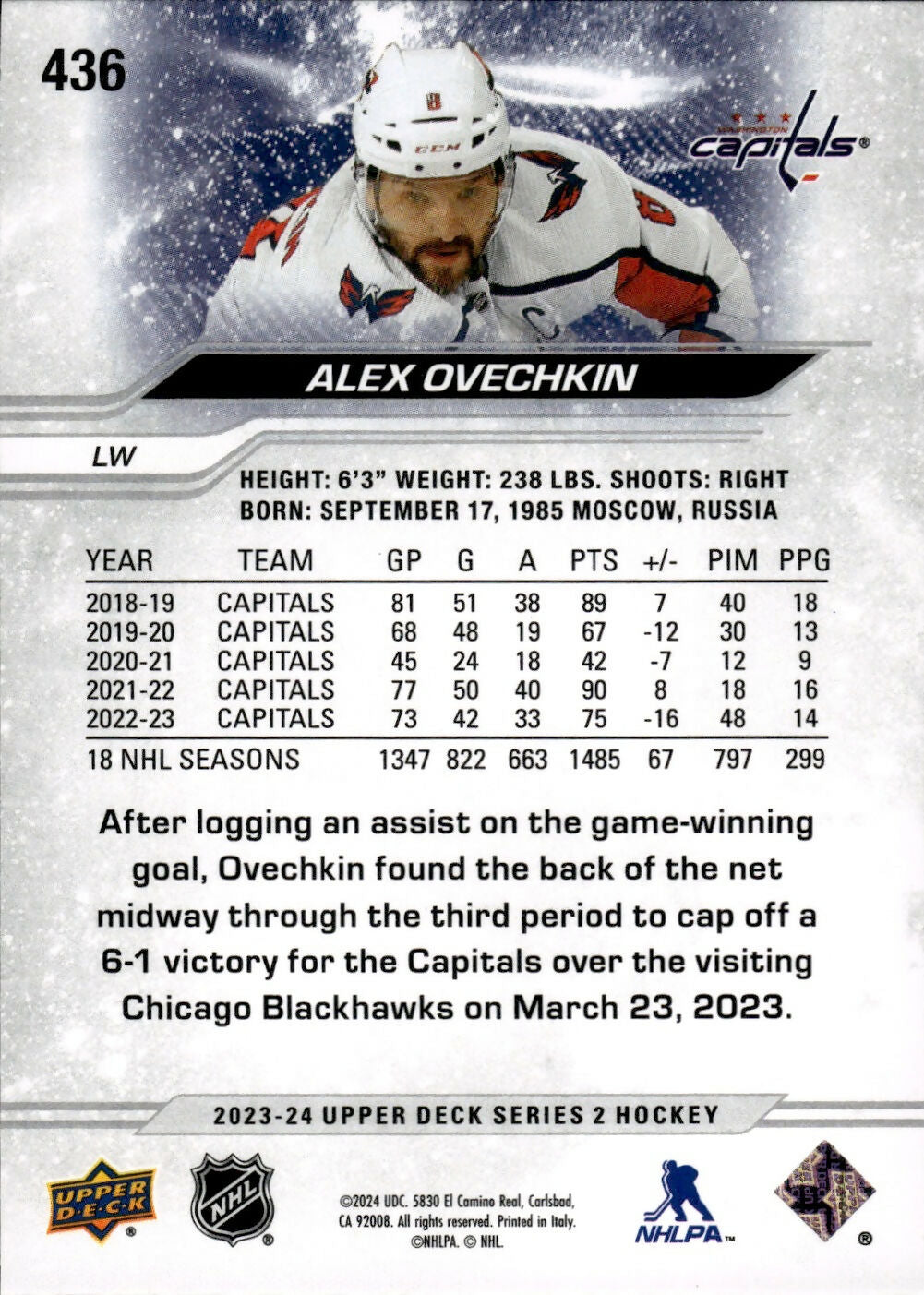 2023-24 Upper Deck Series 2 Hockey - Base #436 Alex Ovechkin - Washington Capitals