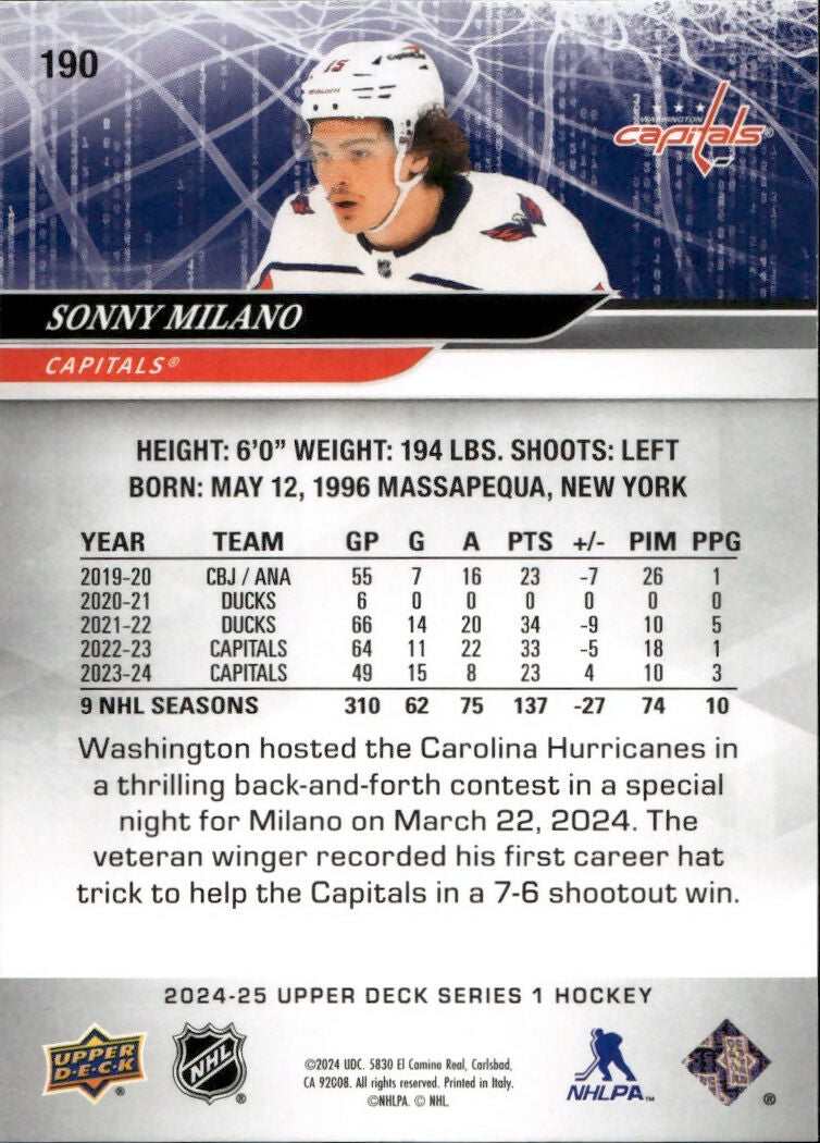 2024-25 Upper Deck Series 1 Hockey - Base #190 Sonny Milano - Washington Capitals - B
