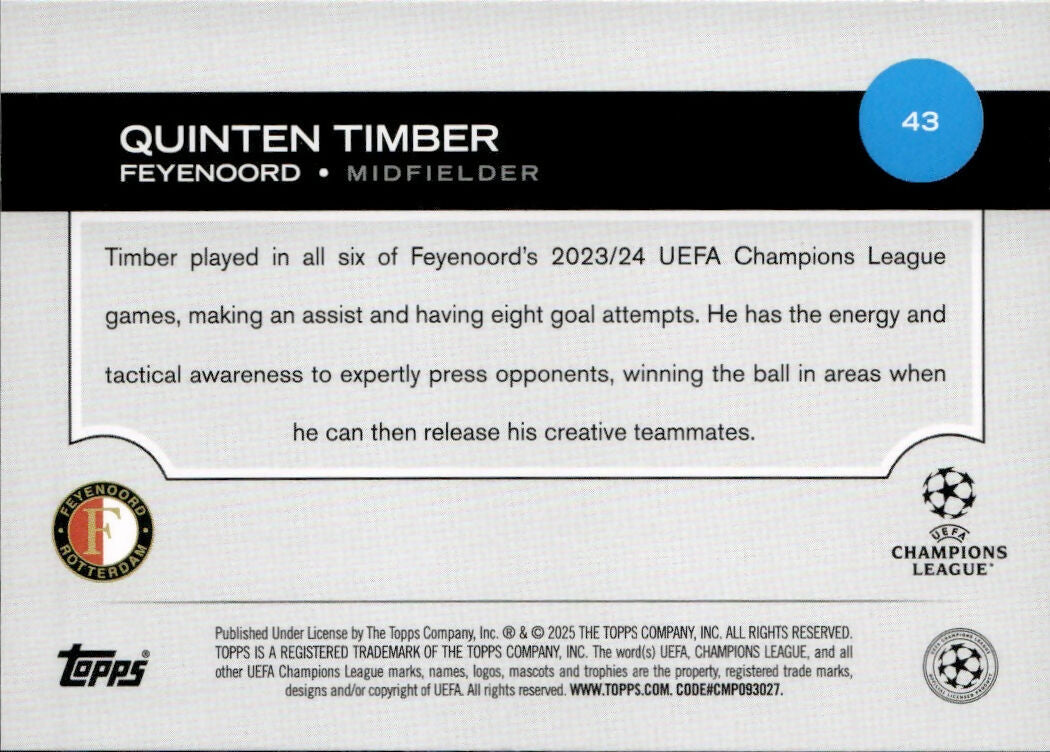 2024-25 Topps UEFA Club Competitions - Base #43 Quinten Timber - Feyenoord - B