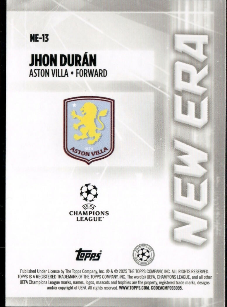 2024-25 Topps UEFA Club Competitions - New Era #NE-13 Jhon Duran - Aston Villa - B