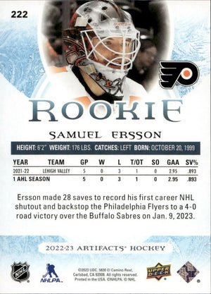 2022-23 Upper Deck Artifacts - Base - Rookie :999 #222 Samuel Ersson - Philadelphia Flyers - B