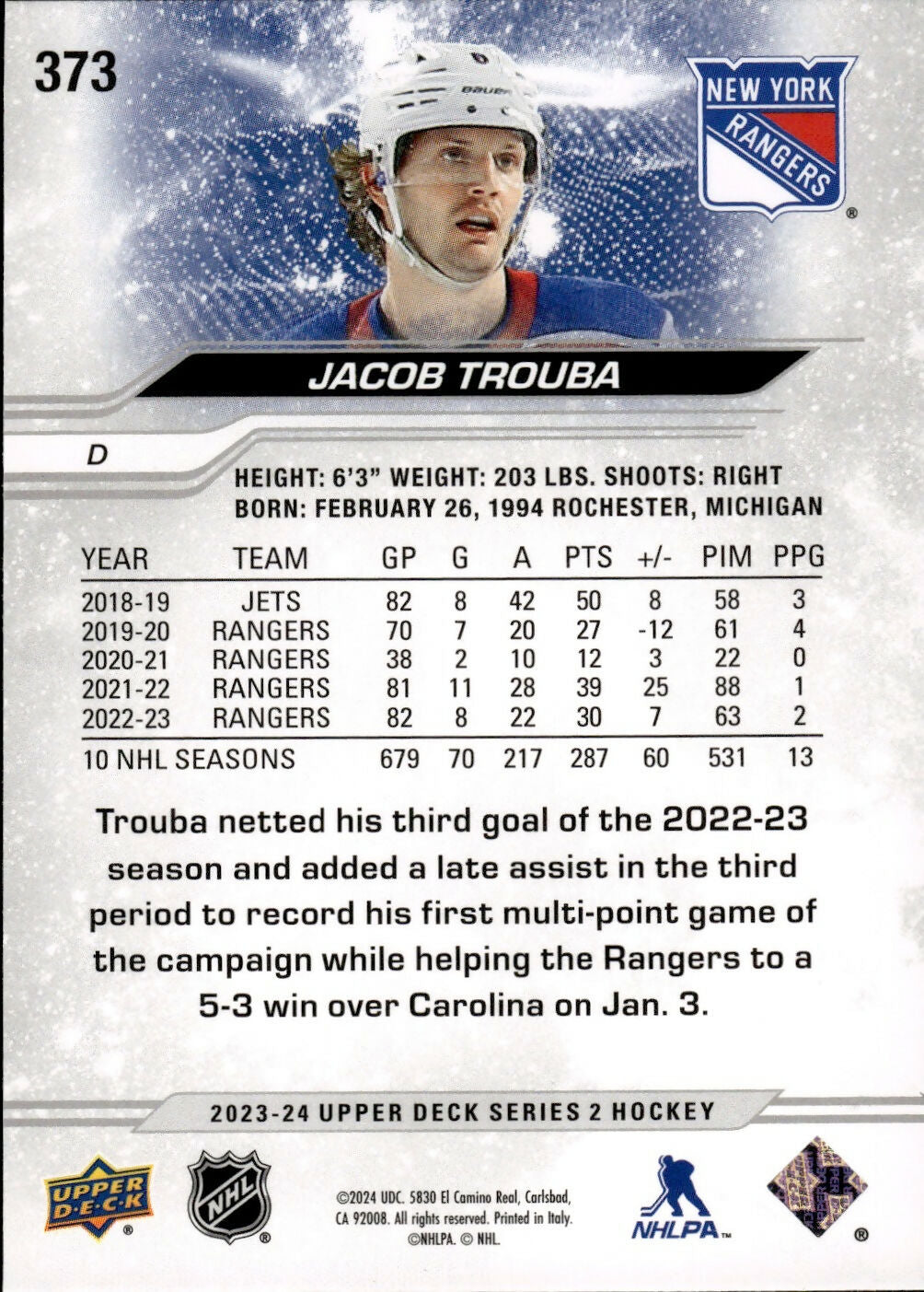 2023-24 Upper Deck Series 2 Hockey - Base #373 Jacob Trouba - New York Rangers