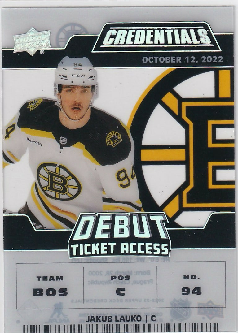 2022-23 Upper Deck Credentials - Debut Ticket Access Acetate #DTA-JL Jakub Lauko - Boston Bruins - A