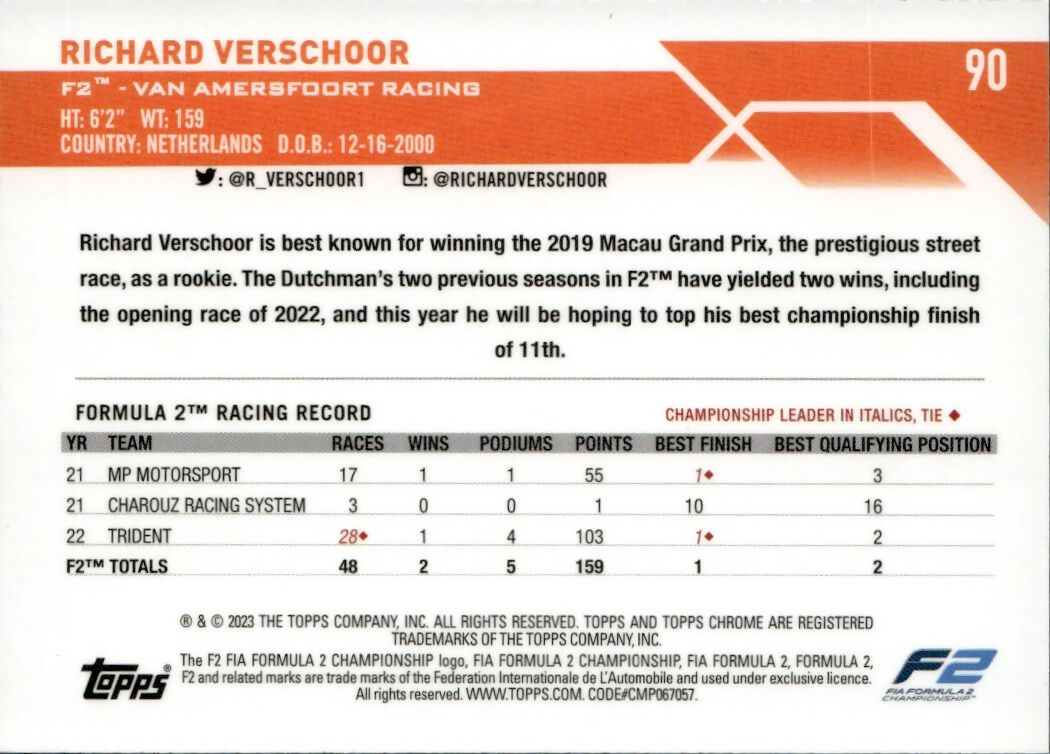 2023 Topps Chrome Formula 1 Base #90 - F2 Drivers - Checker Flag X-factor Richard Verschoor - F2 Van Amersfoort Racing - B