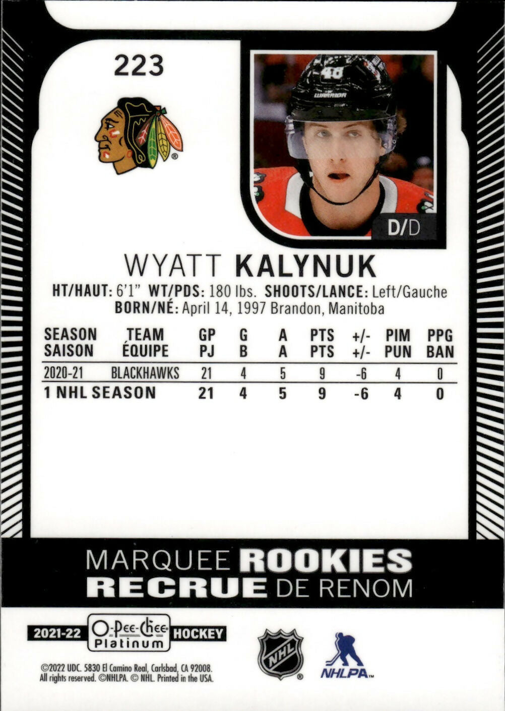 2021-22 Upper Deck O-Pee-Chee Platinum Hockey - Base #223 Wyatt Kalynuk - Chicago Blackhawks