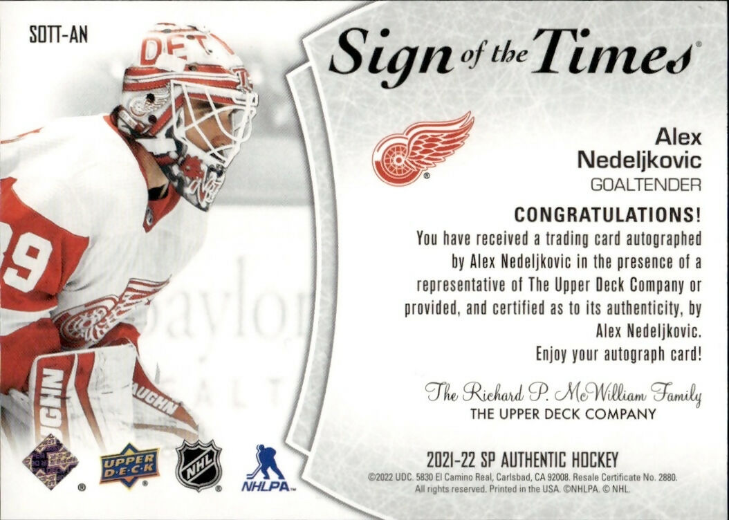 2021-22 Upper Deck SP Authentic - Sign Of The Times #SOTT-AN Alex Nedeljkovic - Detroit Red Wings - B