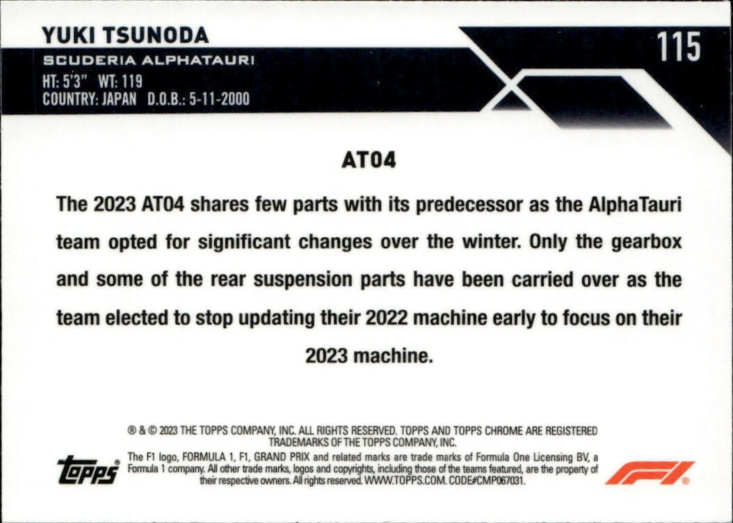 2023 Topps Chrome Formula 1 Base #115 - F1 Cars Yuki Tsunoda - Scuderia Alphatauri - B
