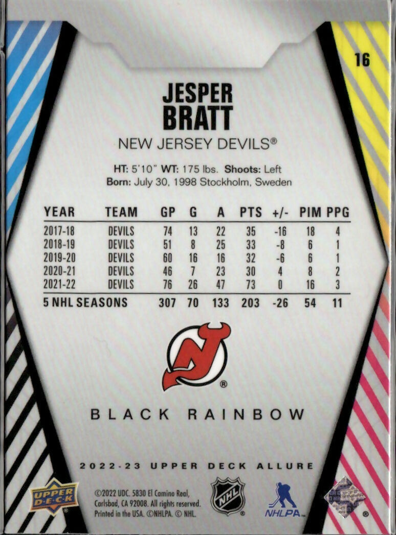 2022-23 Upper Deck Allure Hockey - Base - Black Rainbow #16 Jesper Bratt - New jersey Devils