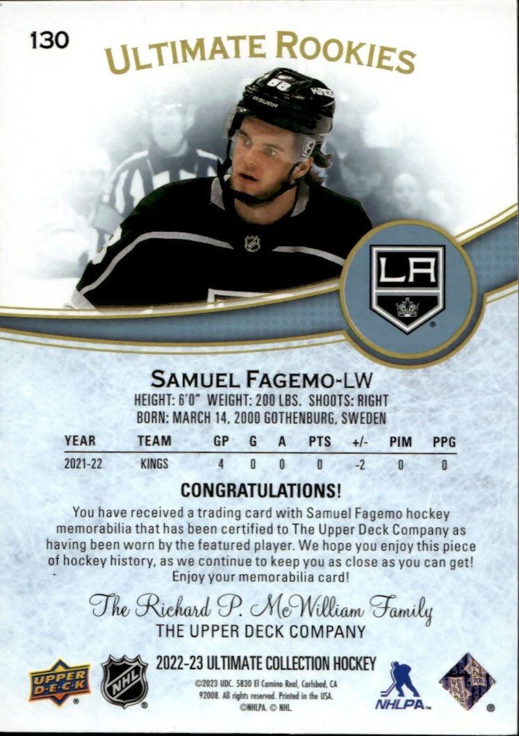 2022-23 Upper Deck Ultimate Hockey - Base - Ultimate Rookies - Patch :799 #130 Samuel Fagemo - Los Angeles Kings - B