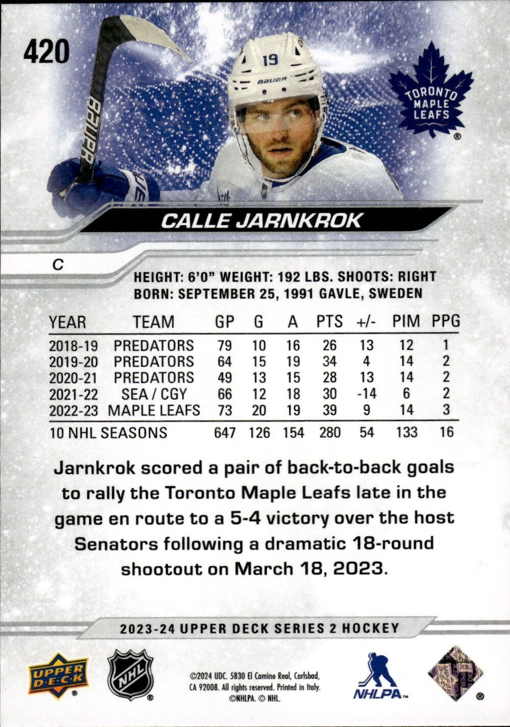 2023-24 Upper Deck Series 2 Hockey - Base #420 Calle Jarnkrok - Toronto Maple Leafs - B