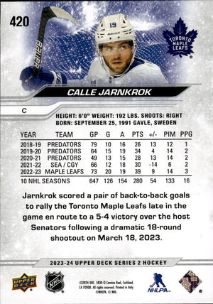 2023-24 Upper Deck Series 2 Hockey - Base #420 Calle Jarnkrok - Toronto Maple Leafs - B