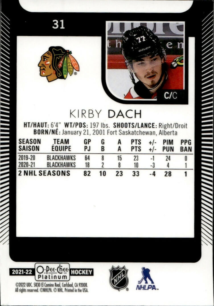 2021-22 Upper Deck O-Pee-Chee Platinum Hockey - Base #31 Kirby Dach - Chicago Blackhawks - B