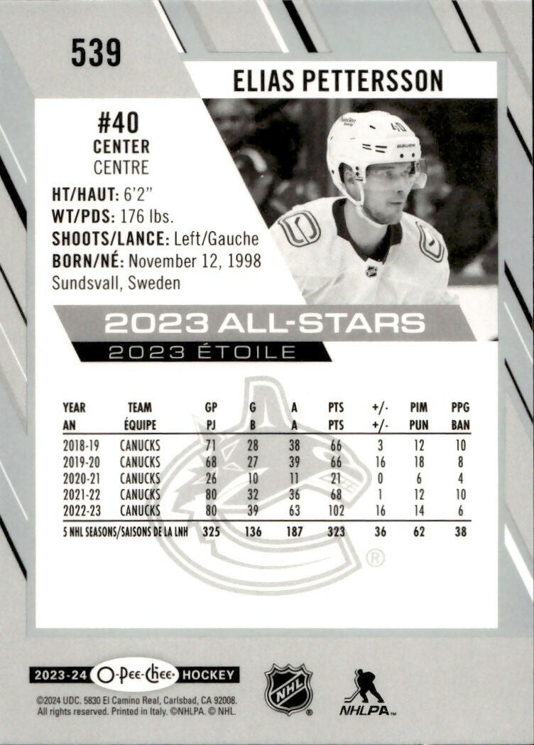 2023-24 Upper Deck O-Pee-Chee Hockey - Base - 2023 All Stars #539 Elias Pettersson - Vancouver Canucks - B