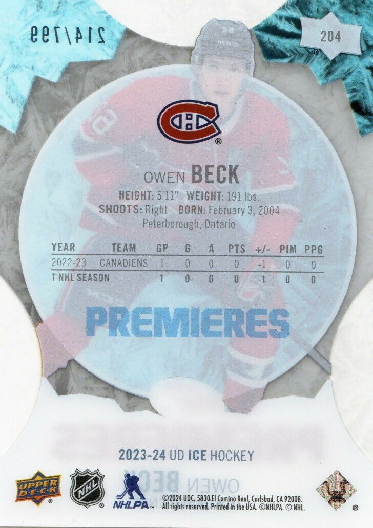 2023-24 Upper Deck Ice Hockey - Base - Ice Premiers :799 #204 Owen Beck - Montreal Canadiens - B
