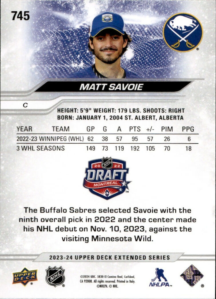 2023-24 Upper Deck Extended Series - Base - 1st Round Rookies #745 Matt Savoie - Buffalo Sabres - B