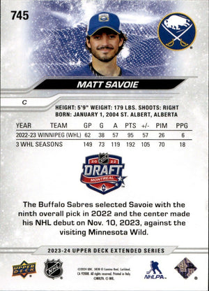 2023-24 Upper Deck Extended Series - Base - 1st Round Rookies #745 Matt Savoie - Buffalo Sabres - B