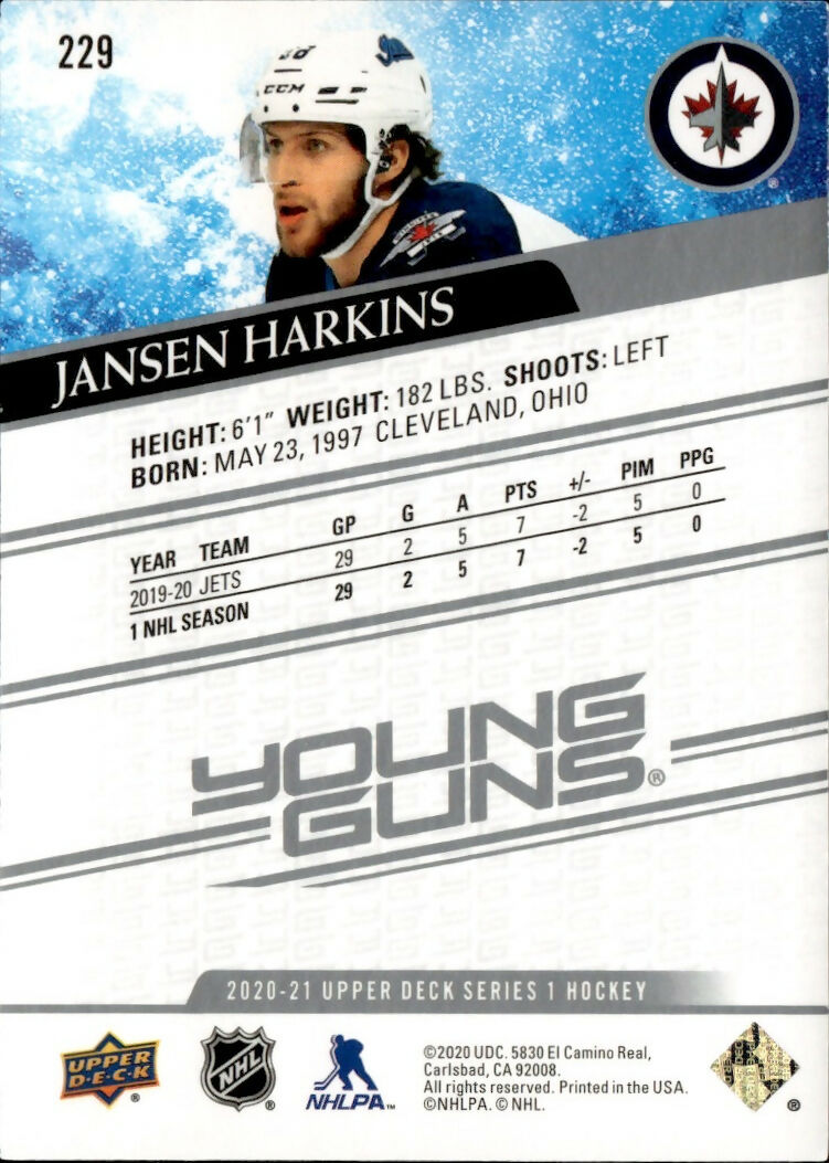 2020-21 Upper Deck Series 1 Hockey Base - Young Guns #229 Jansen Harkins Winnipeg Jets Rookie