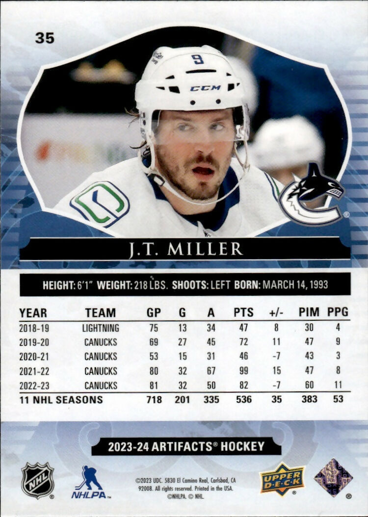 2023-24 Upper Deck Artifacts Hockey - Base #35 J.T. Miller - Vancouver Canucks