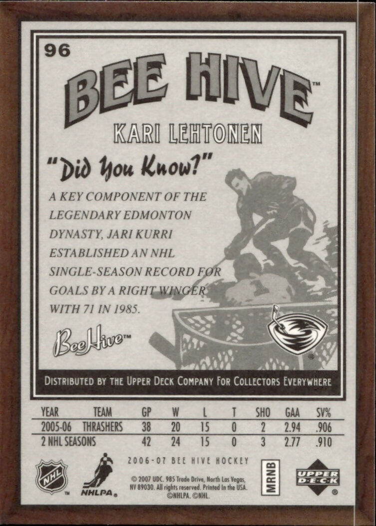 2006-07 Upper Deck - Bee Hive Hockey - Base #96 Kari Lehtonen - Atlanta Thrashers - B