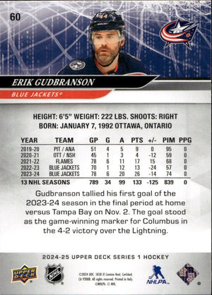 2024-25 Upper Deck Series 1 Hockey - Base #60 Erik Gudbranson - Columbus Blue Jackets - B