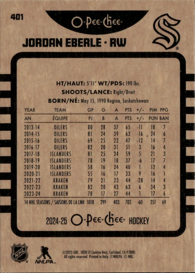 2024-25 Upper Deck O-Pee-Chee - Base - Retro #401 Jordan Eberle - Seattle Kraken - B