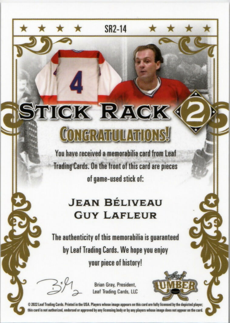 2022 Leaf Lumber - Stick Rack :6 #SR2-14 Jean Beliveau:Guy Lafleur - B