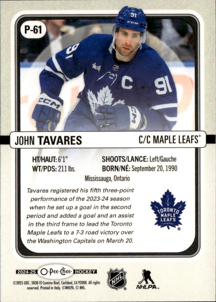 2024-25 Upper Deck O-Pee-Chee - Premier #P-61 John Tavares - Toronto Maple Leafs - B