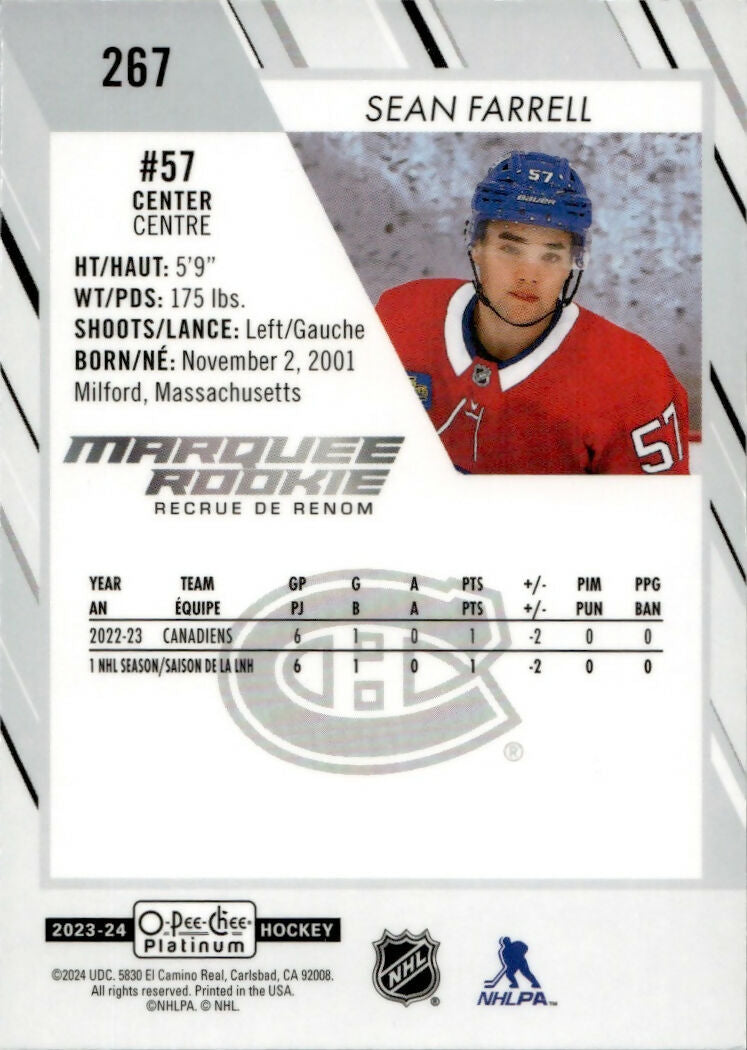 2023-24 Upper Deck O-Pee-Chee Platinum Hockey - Base - Marquee Rookie #267 Sean Farrell - Montreal Canadiens - B