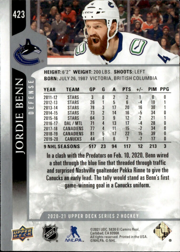 2020-21 Upper Deck Series 2 Hockey - Base #423 Jordie Benn - Vancouver Canucks - B