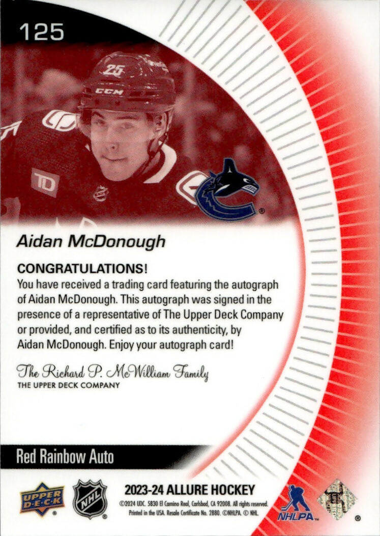 2023-24 Upper Deck Allure Hockey - Base - Rookie - Auto #125 Aidan McDonough - Vancouver Canucks - B