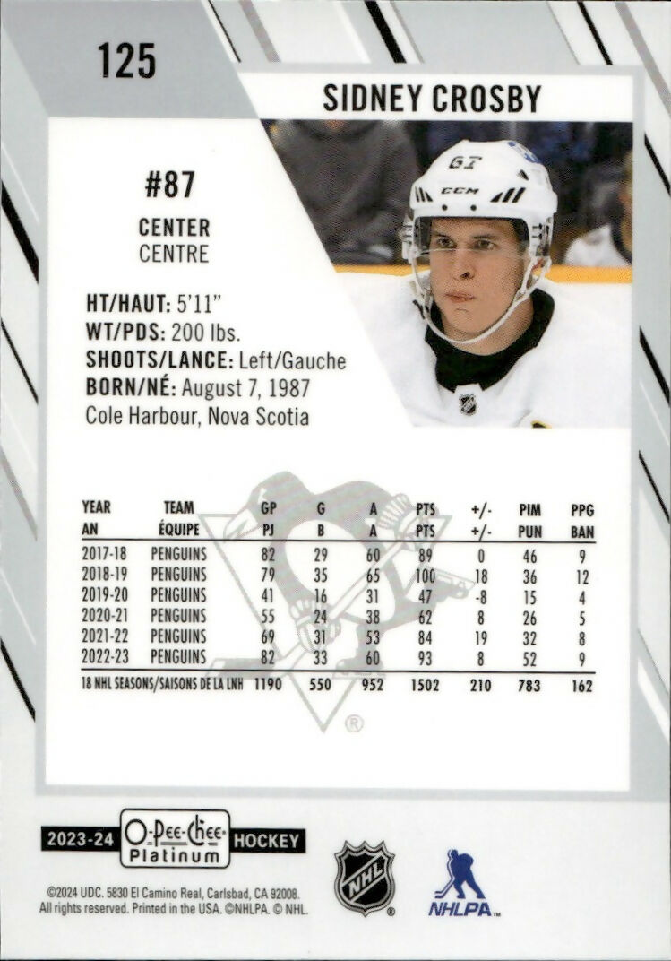 2023-24 Upper Deck O-Pee Chee Platinum Hockey - Base #125 Sidney Crosby - Pittsburgh Penguins - B