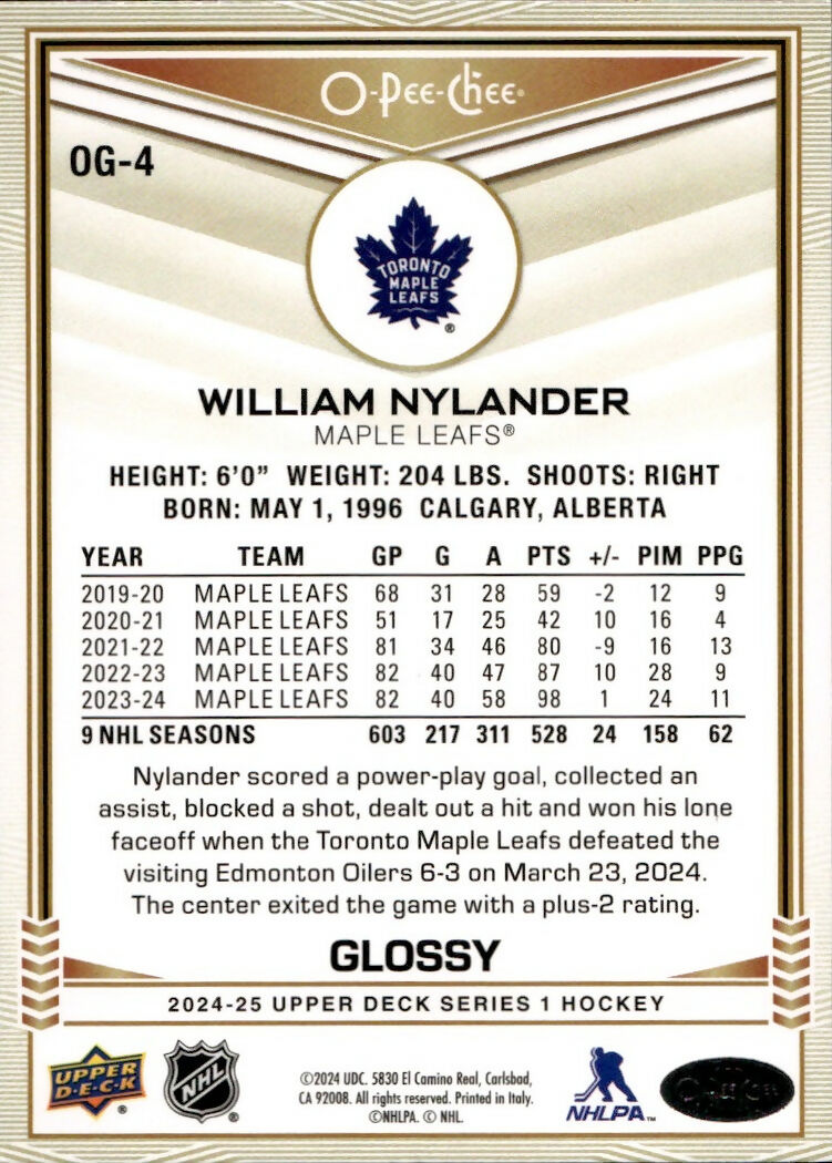 2024-25 Upper Deck Series 1 Hockey - O-Pee-Chee - Glossy #OG-4 William Nylander - Toronto Maple Leafs - B