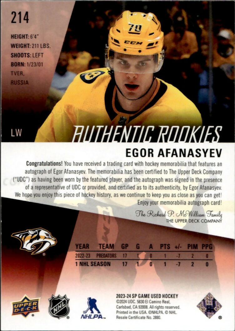 2023-24 Upper Deck SP Game Used Hockey - Authentic Rookies - Red - Patch - Auto :149 #214 Egor Afanasyev - Nashville Predators - B