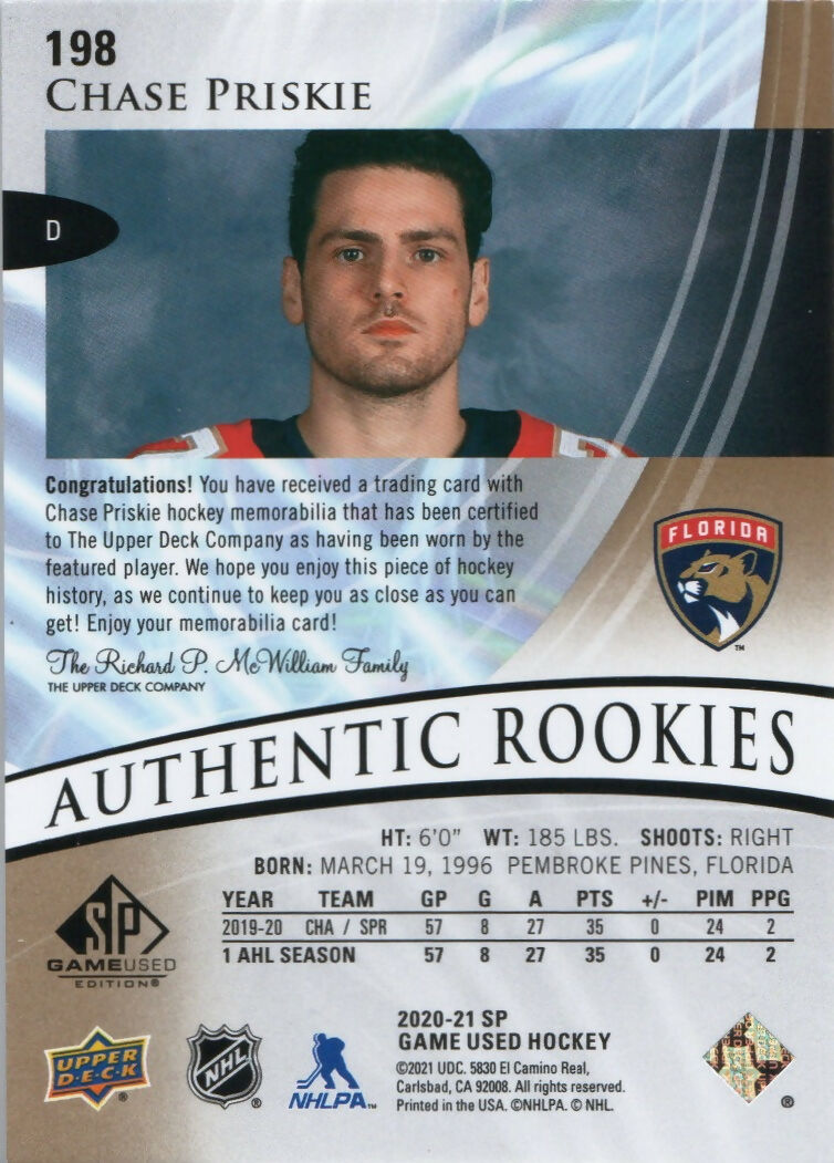 2021-22 Upper Deck SP Game Used Hockey - Gold Premium Memorabilia :65 #198 Chase Priskie - Florida Panthers - B