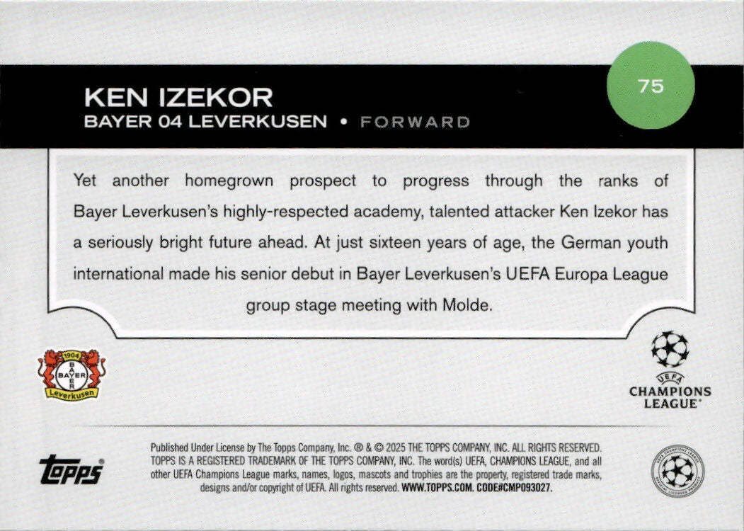 2024-25 Topps UEFA Club Competitions - Base #75 Ken Izekor - Bayer 04 Leverkusen - B