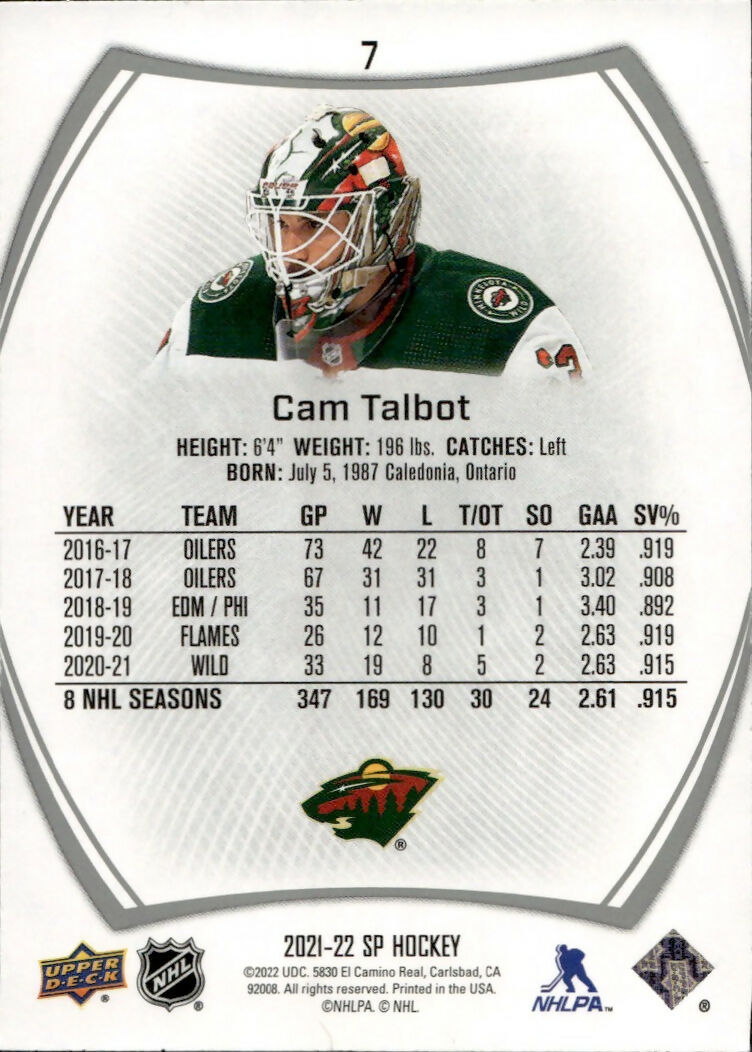 2021-22 Upper Deck SP Authentic Hockey - Base #7 Cam Talbot - Minnesota Wild - B