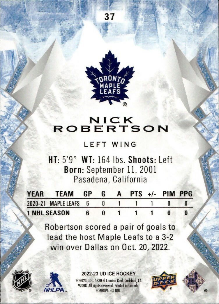 2022-23 Upper Deck Ice Hockey - Base #37 Nick Robertson - Toronto Maple Leafs - B