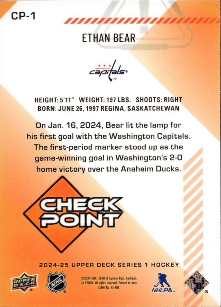 2024-25 Upper Deck Series 1 Hockey - Check Point - Speckle #CP-1 Ethan Bear - Washington Capitals - B