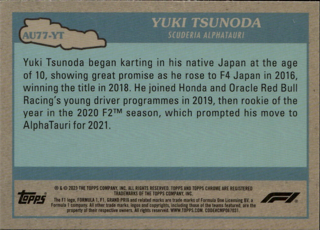 2023 Topps Chrome Formula 1 Autos of 1977 #AU77-YT Yuki Tsunoda - Scuderia Alphatauri - B