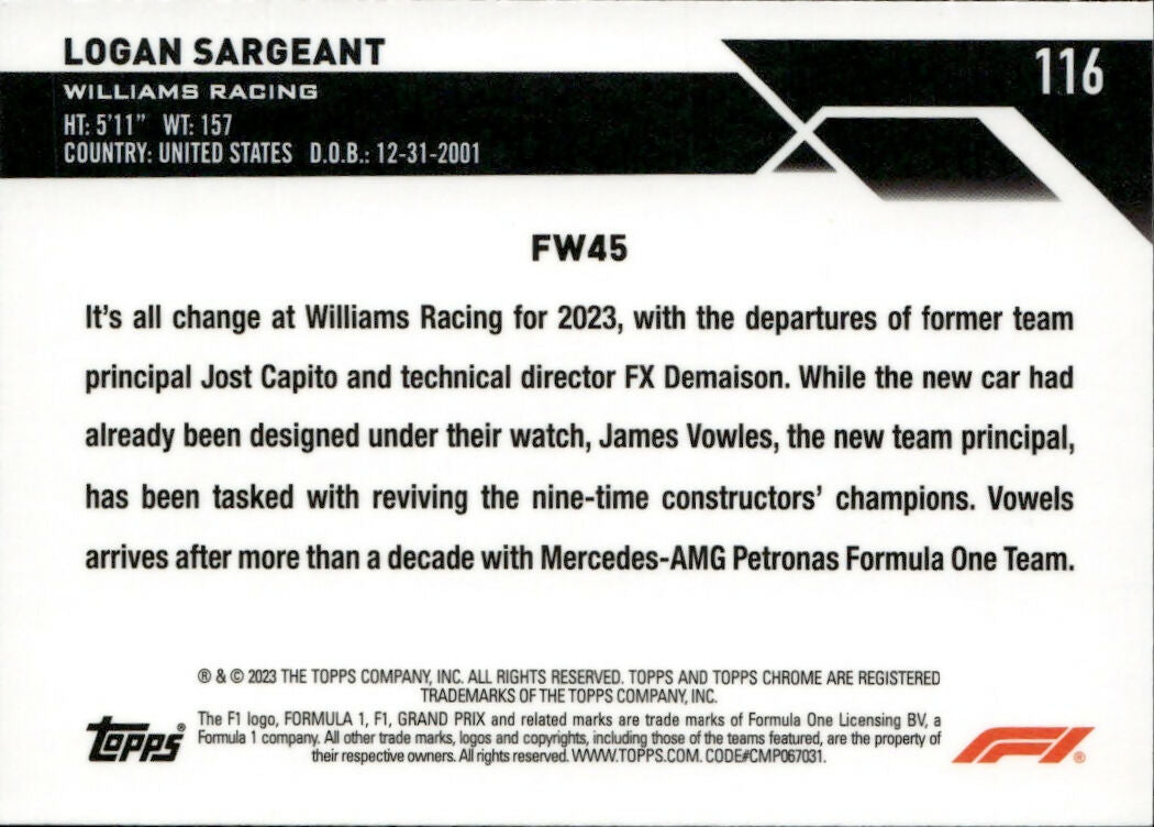 2023 Topps Chrome Formula 1 Base #116 - F1 Cars Logan Sargeant - Williams Racing - B