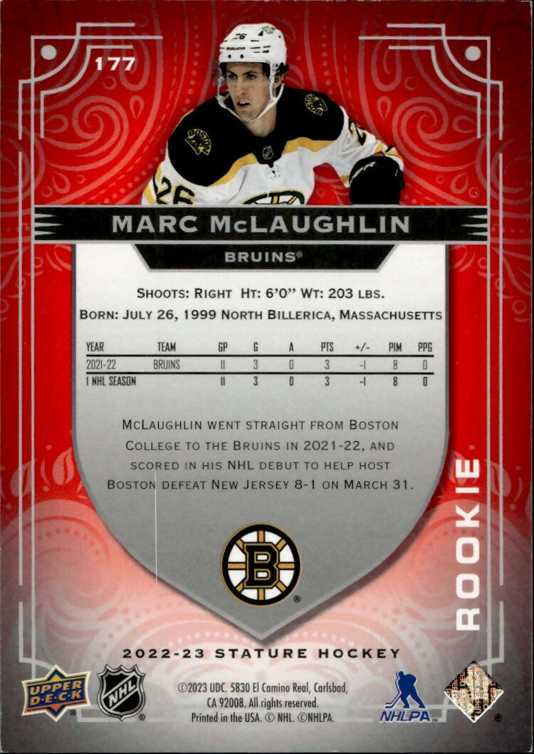 2022-23 Upper Deck Stature Hockey - Base - Red - Rookie :33 #177 Marc McLaughlin - Boston Bruins - B