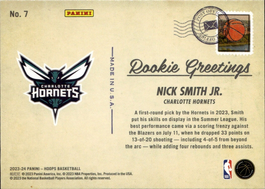2023-24 Panini Hoops Basketball - Rookie Greetings - Holo #7 Nick Smith Jr - Charlotte Hornets - B