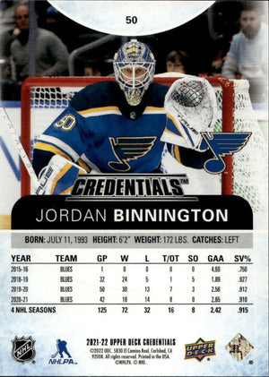 2021-22 Upper Deck Credentials - Base - #50 Jordan Binnington - St. Louis Blues - BB