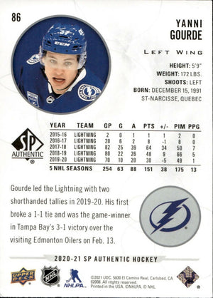 2020-21 Upper Deck Sp Authentic Hockey - Base #86 Yanni Gourde - Tampa Bay Lightning - B