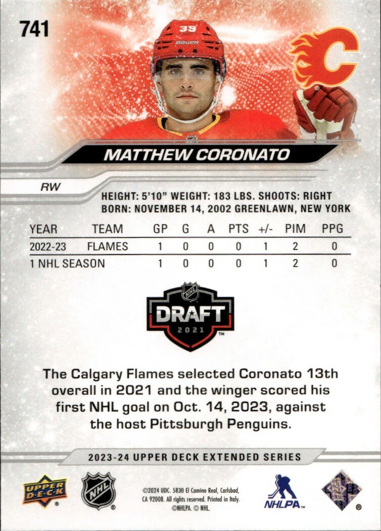 2023-24 Upper Deck Extended Series - Base - 1st Round Rookies #741 Matthew Coronato - Calgary Flames - B