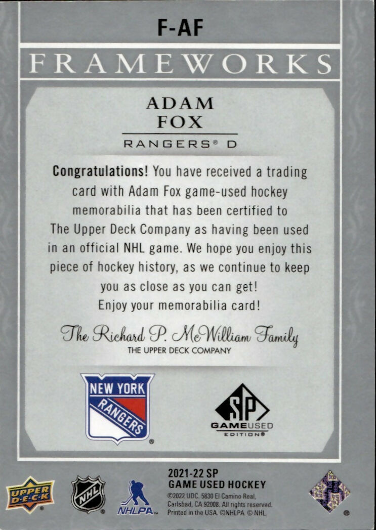 2021-22 Upper Deck SP Game Used Hockey - Frameworks #F-AF Adam Fox - New York Rangers - B