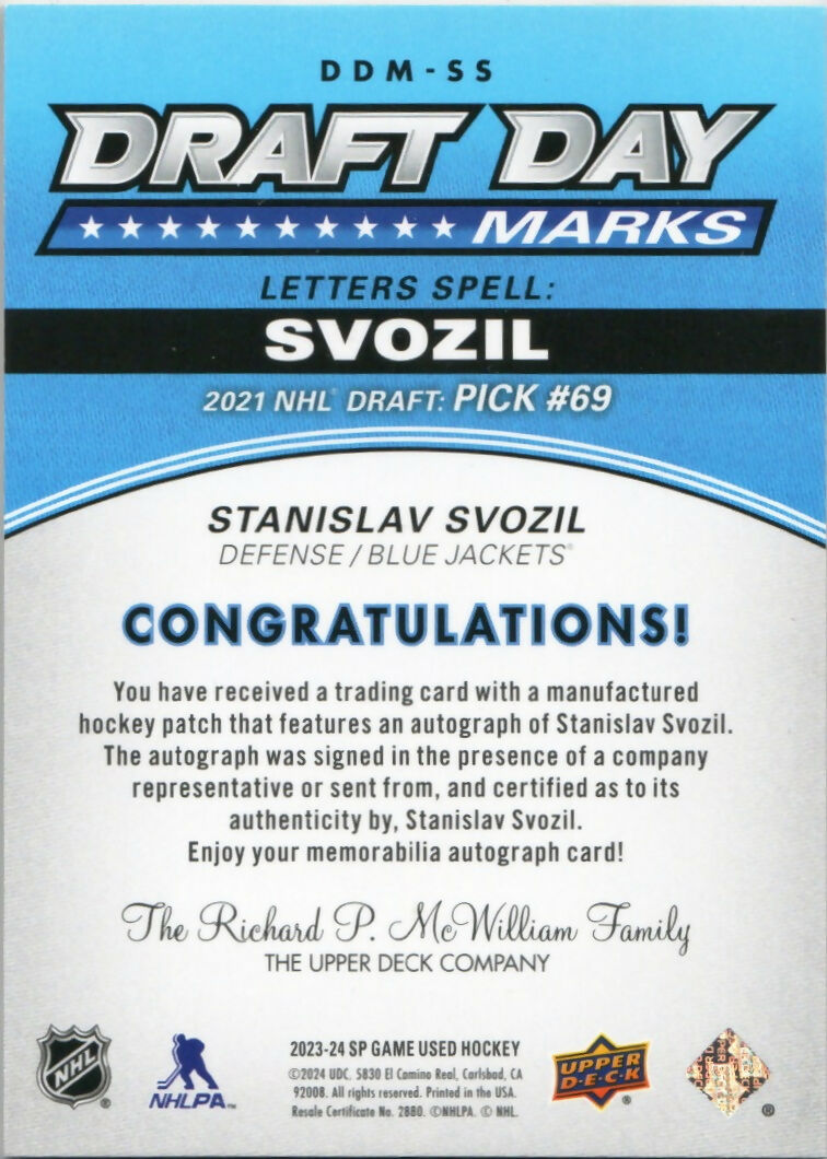 2023-24 Upper Deck SP Game Used Hockey - Draft Day Marks :35 #DDM-SS Stanislav Svozil - Columbus Blue Jackets - B