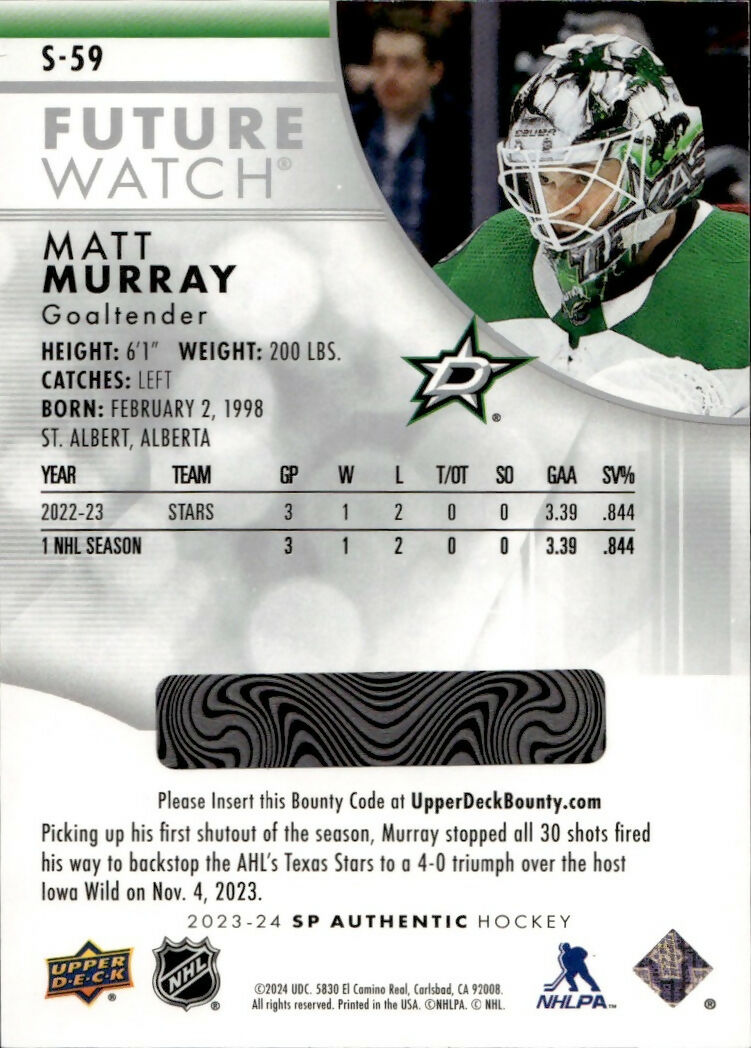 2023-24 Upper Deck SP Authentic Hockey - Future Watch - Spectrum FX #S-59 Matt Murray - Dallas Stars - B