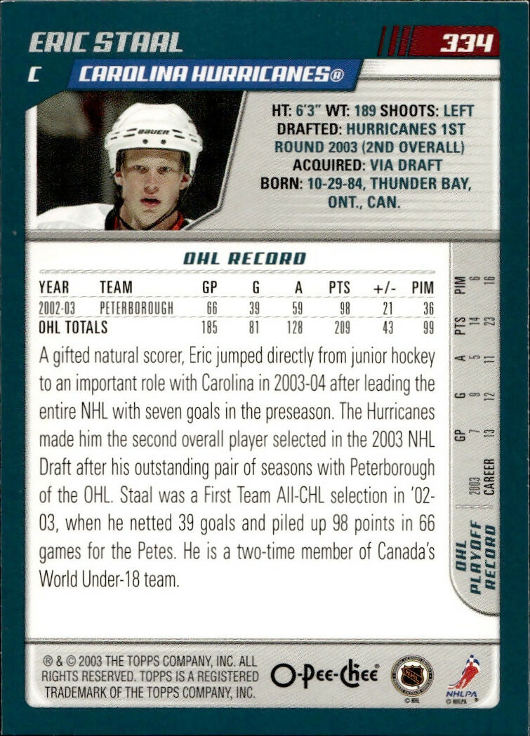2003-04 O-Pee-Chee - Base #334 Eric Staal - Carolina Hurricanes - B