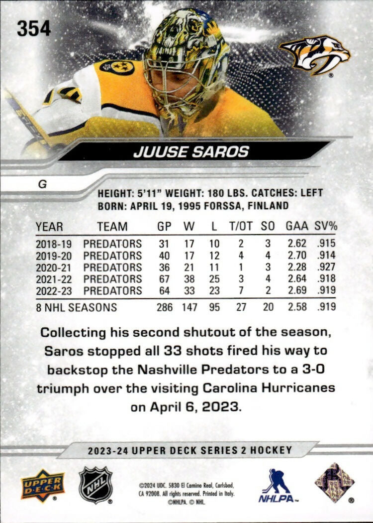 2023-24 Upper Deck Series 2 Hockey - Base #354 Juuse Saros - Nashville Predators